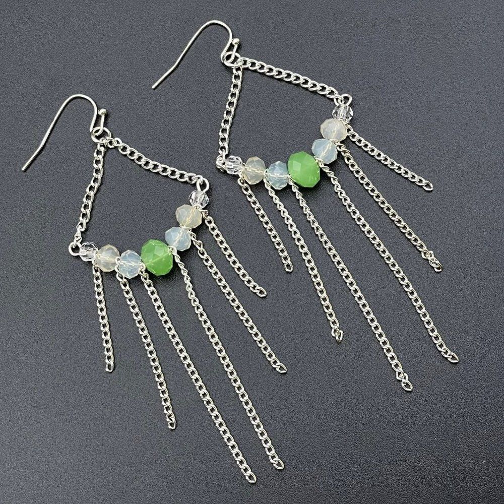 Silver with White and Green Crystal Tassel Chandelier Dangling Hook Earrings